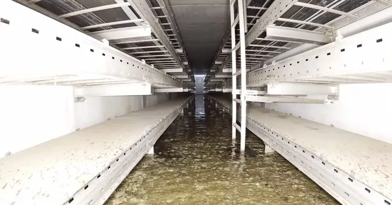 Flucht eines Kabelkanals mit Kabeltrassen und stehendem Wasser aus Sicht der Elios 3